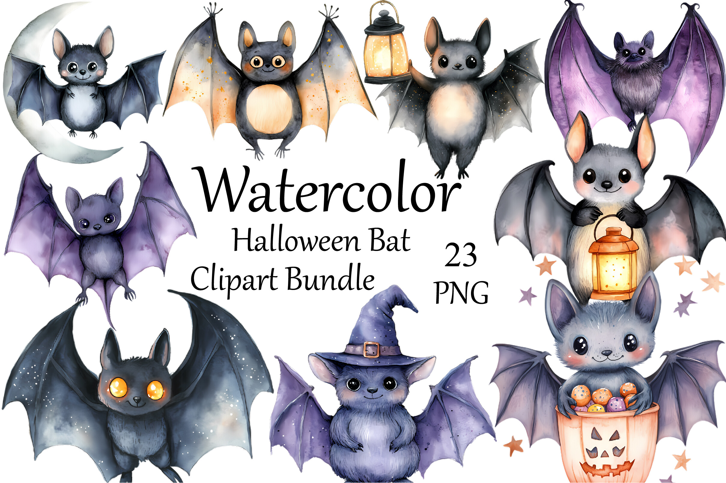 Watercolor Halloween Bat Clipart Bundle Graphic by Cute Paw · Creative ...
