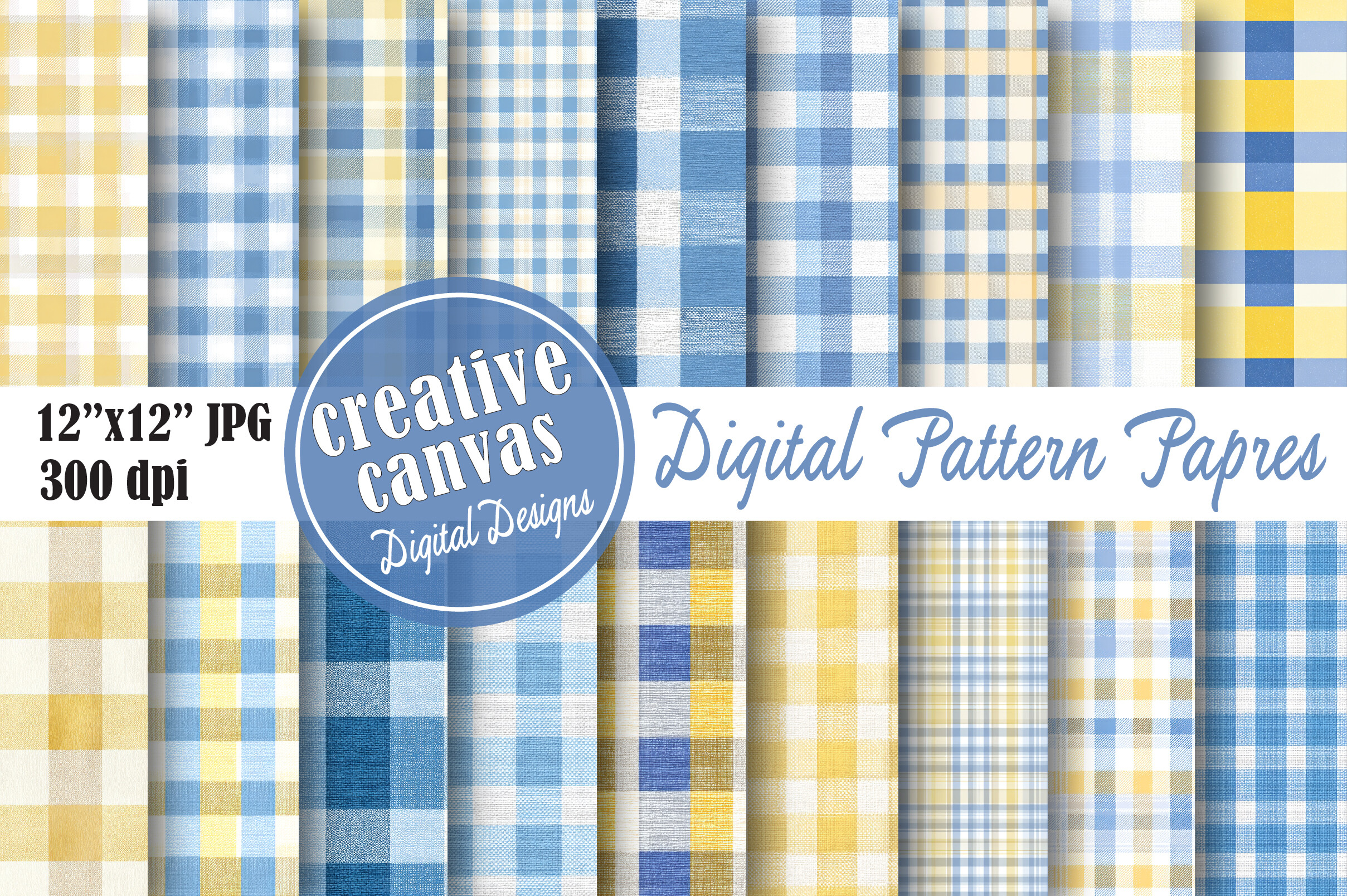 Blue Yellow Gingham Digital Paper Bundle