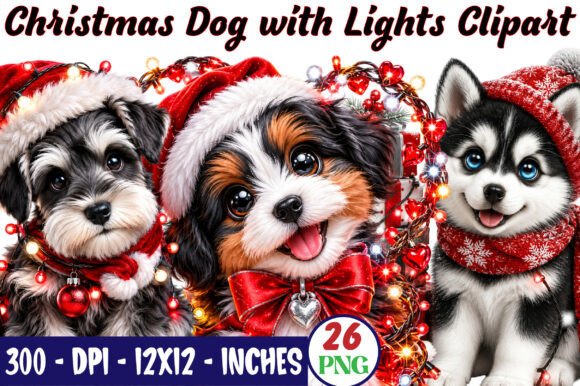 Christmas dog wrapped in colorful string lights clipart for pet boutique bandana sellers