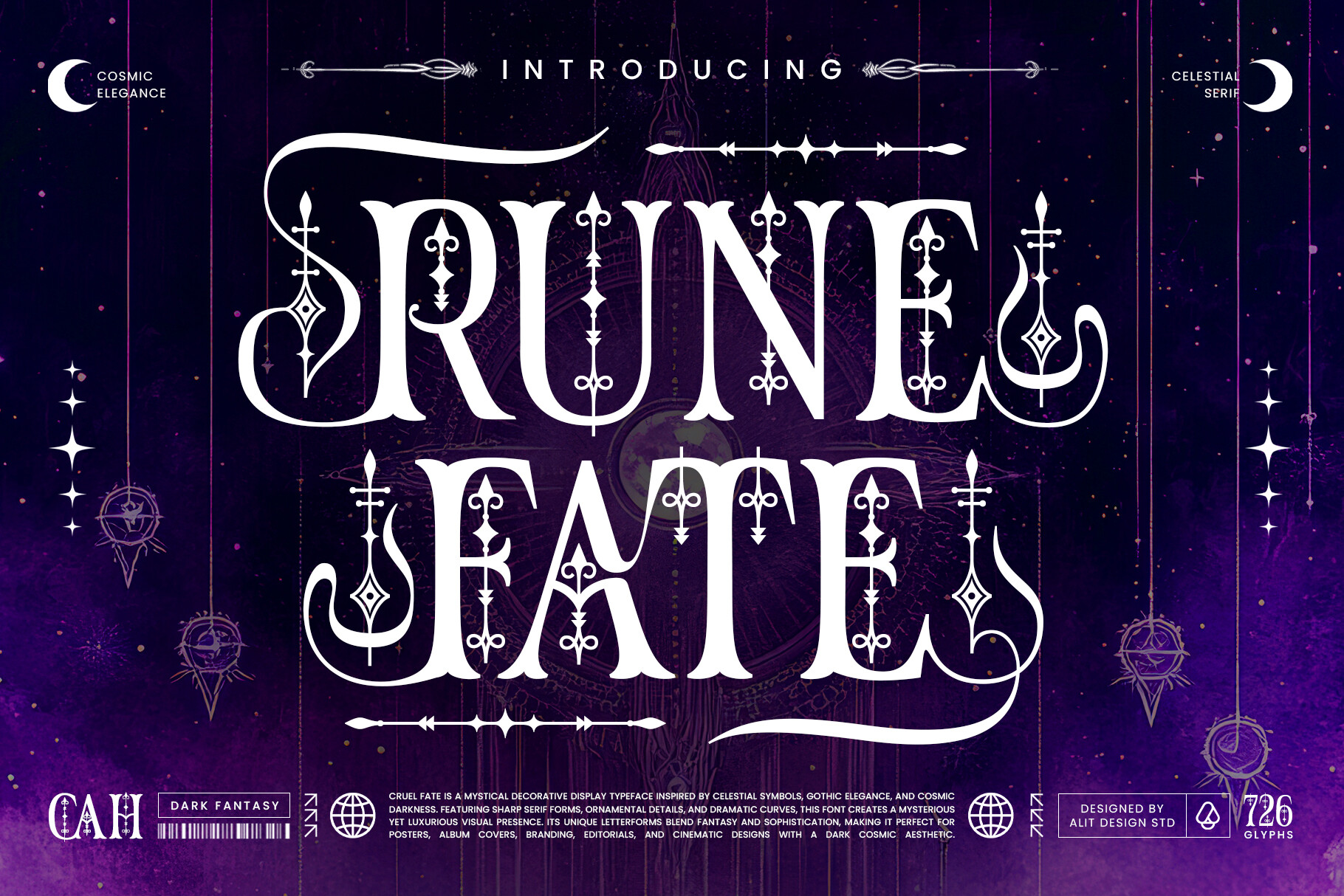 Rune Fate decorative font preview with rune inspired fantasy lettering
