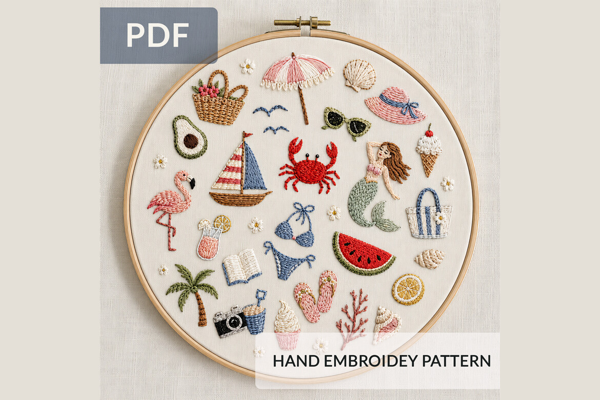 Summer Beach Hand Embroidery Pattern PDF