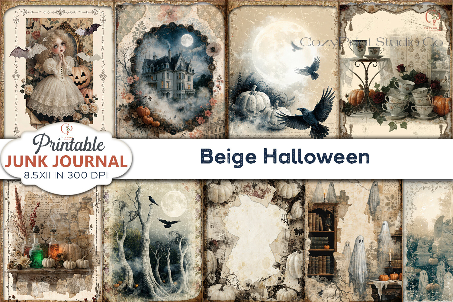 Beige Halloween Junk Journal Pages