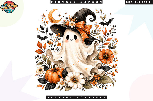 Cute Floral Halloween Ghost Witch PNG Graphic by Vintage Expert ...