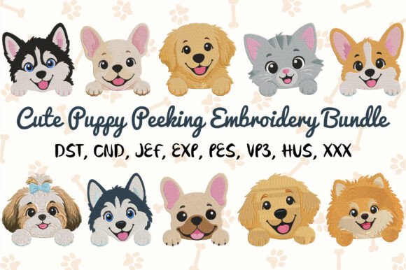 Cute puppy peeking embroidery design with big eyes for baby pocket tee
