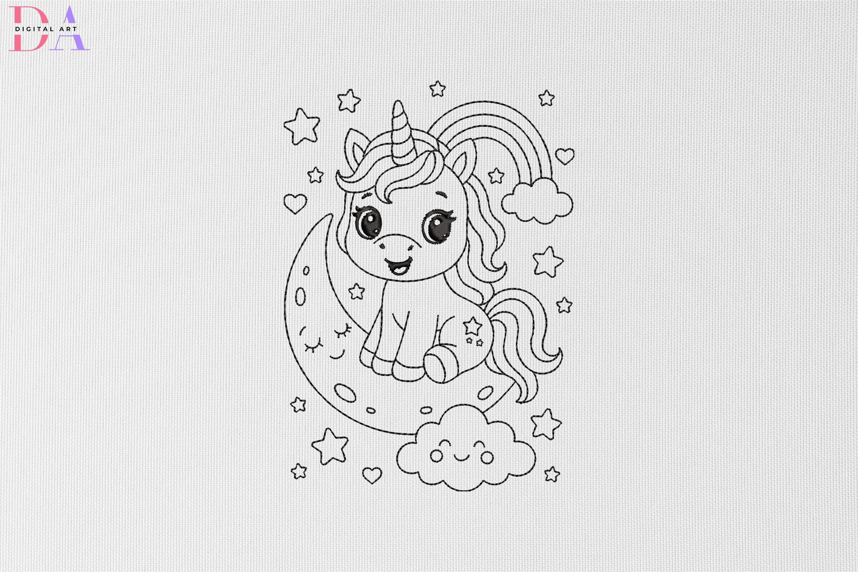 Cute Unicorn on Moon with Rainbow