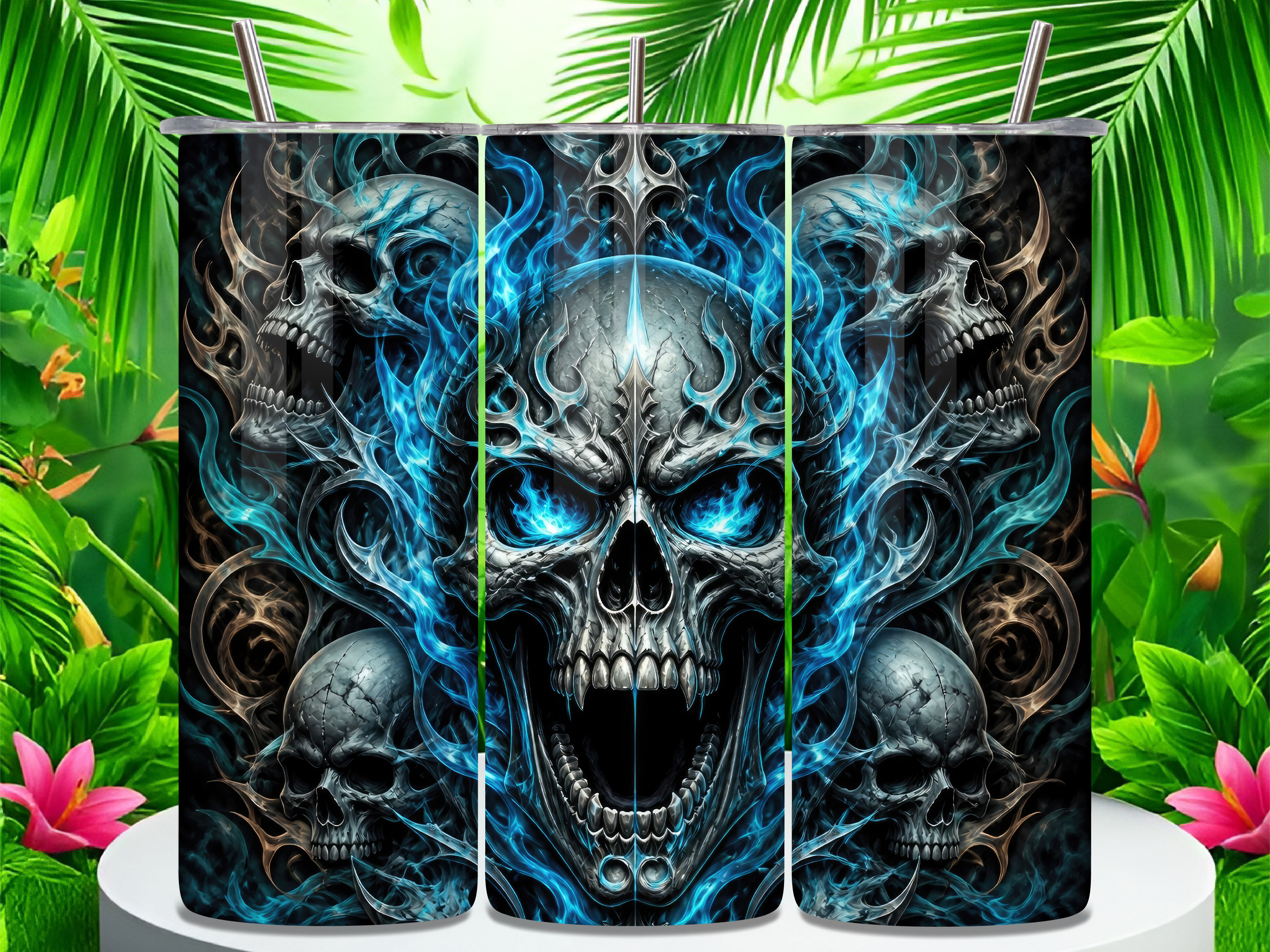 Gothic 3D Blue Fire Evil Skull Tumbler