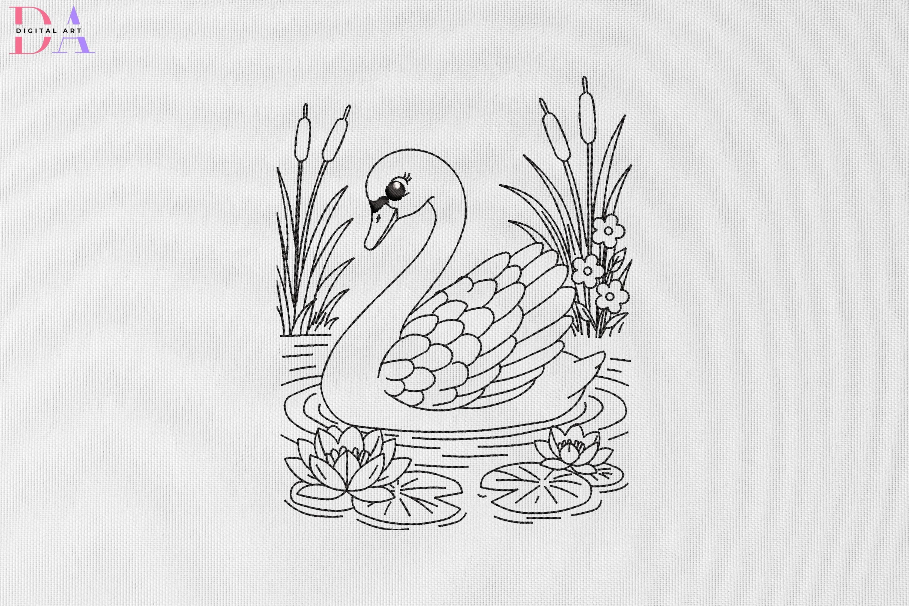 Graceful Swan on Lily Pond Flowers