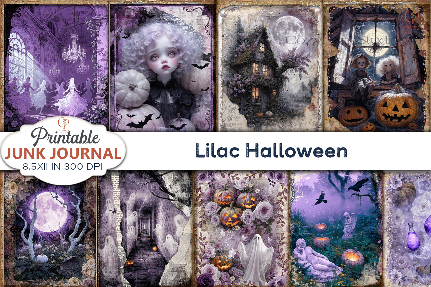 Lilac Halloween Junk Journal Pages