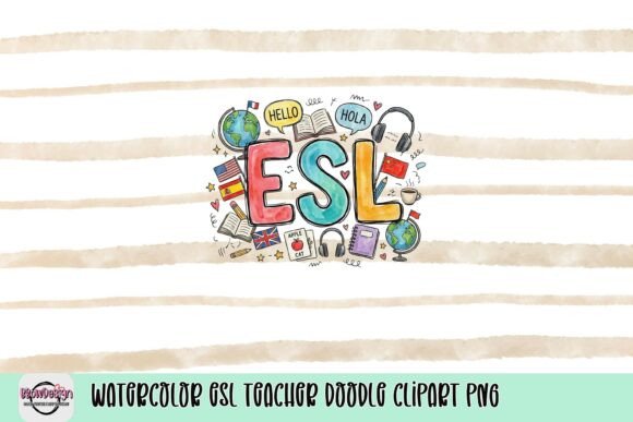 Watercolor ESL Teacher Doodle Clipart PNG