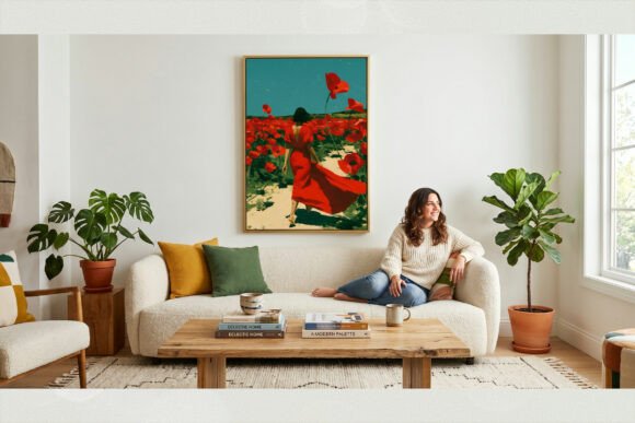 Woman in Red Poppy Field Impasto Art