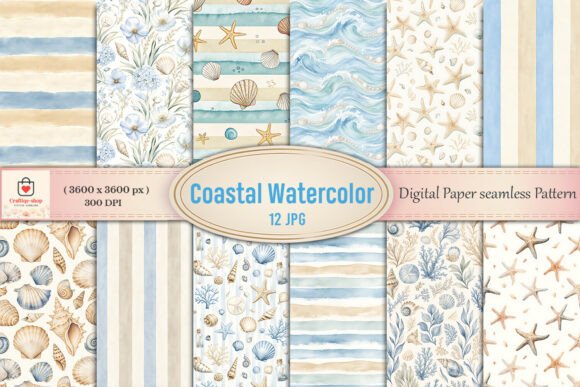 Coastal Watercolor Digital Paper Bundle