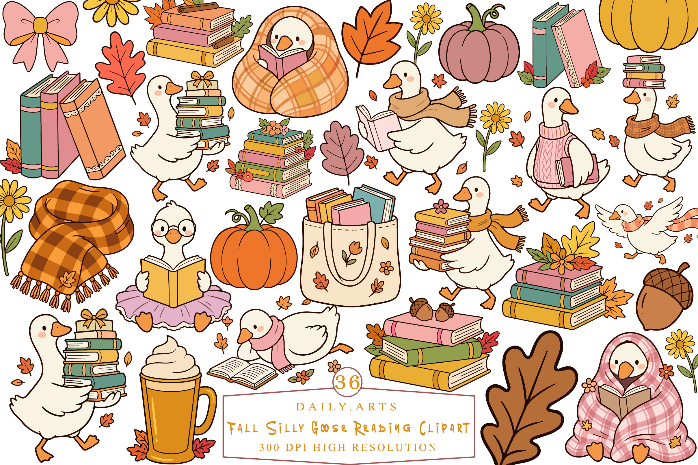 Fall Silly Goose Reading Clipart