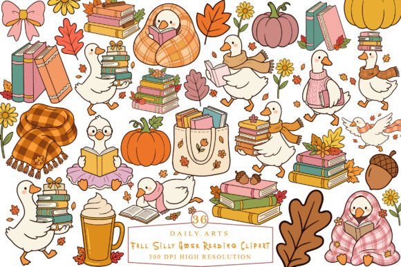 Fall Silly Goose Reading Clipart