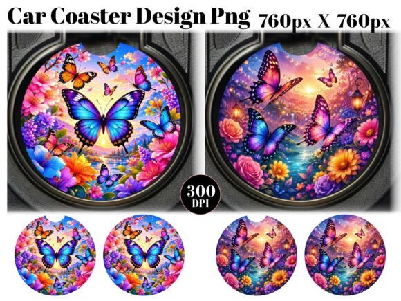 Floral Butterflies Car Coaster PNG