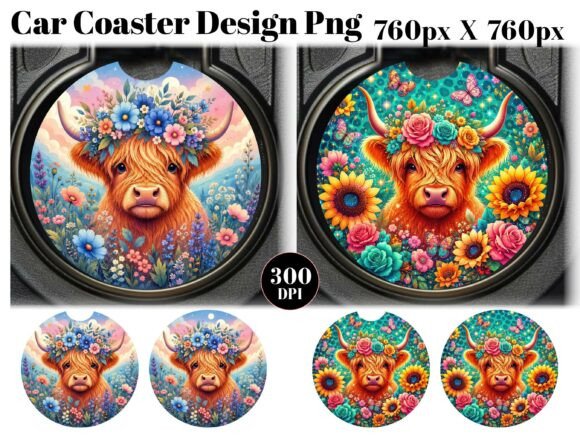 Floral Highland Cow Car Coaster PNG