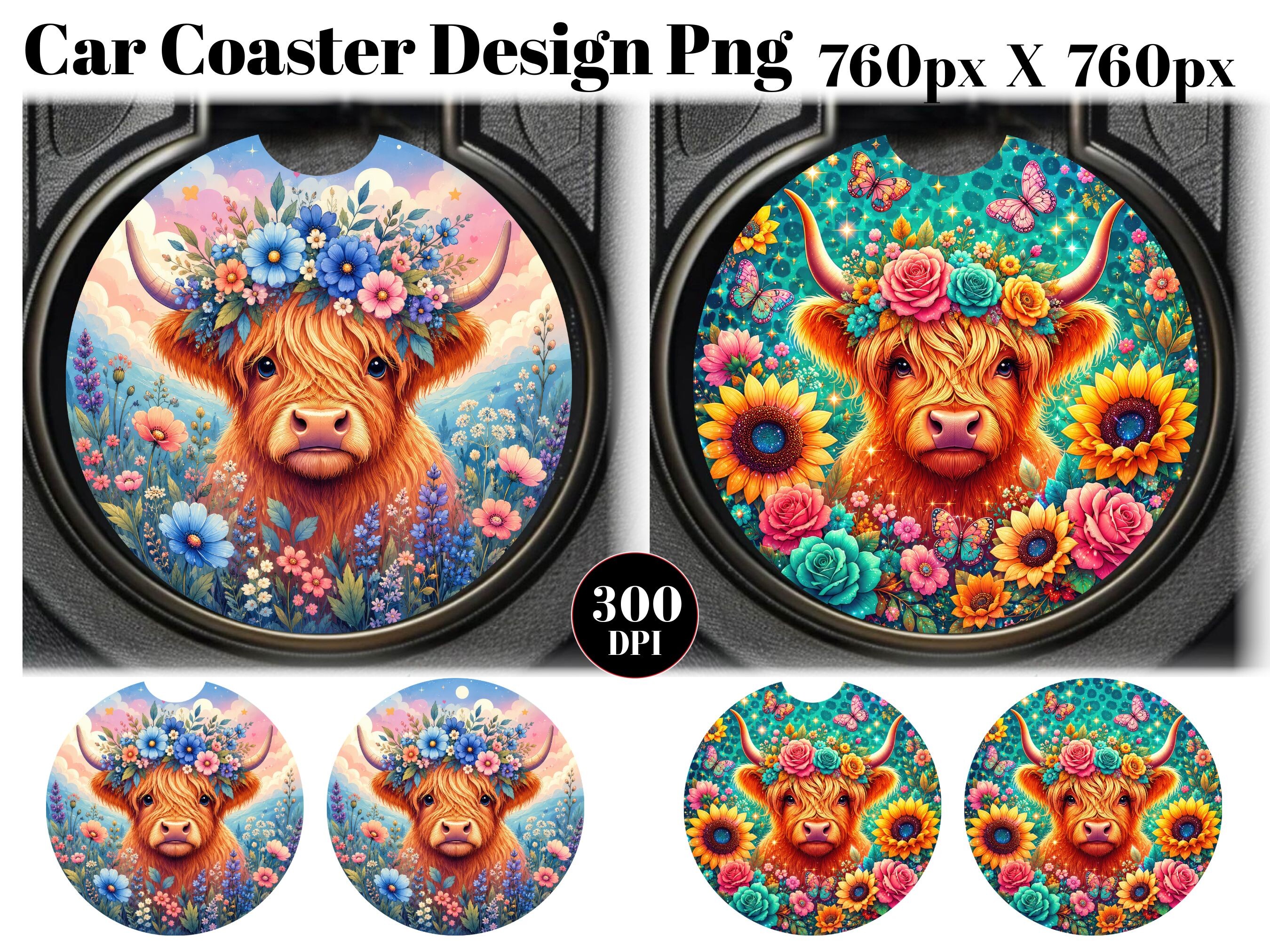 Floral Highland Cow Car Coaster PNG