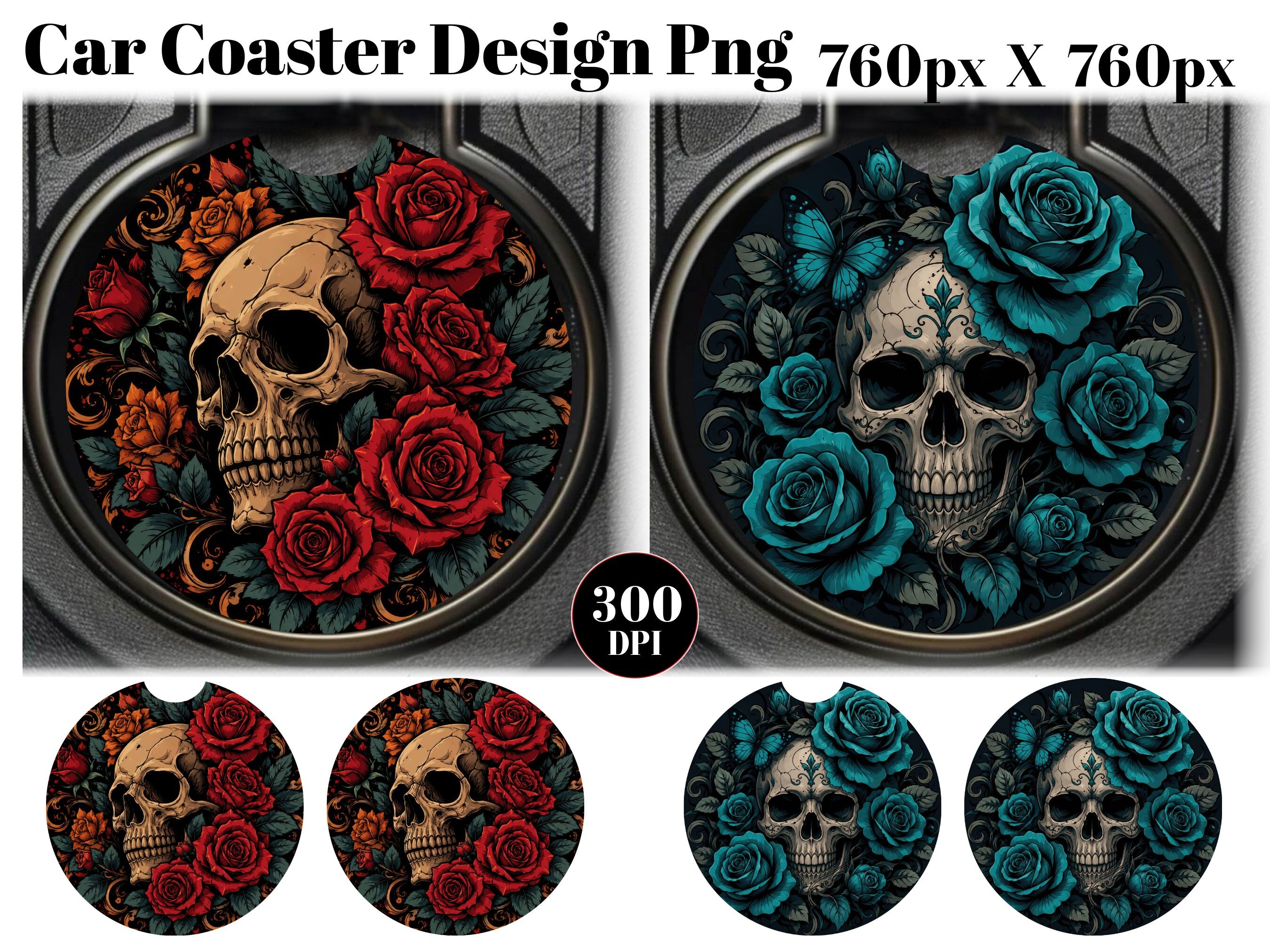 Floral Skull Car Coaster PNG Sublimation