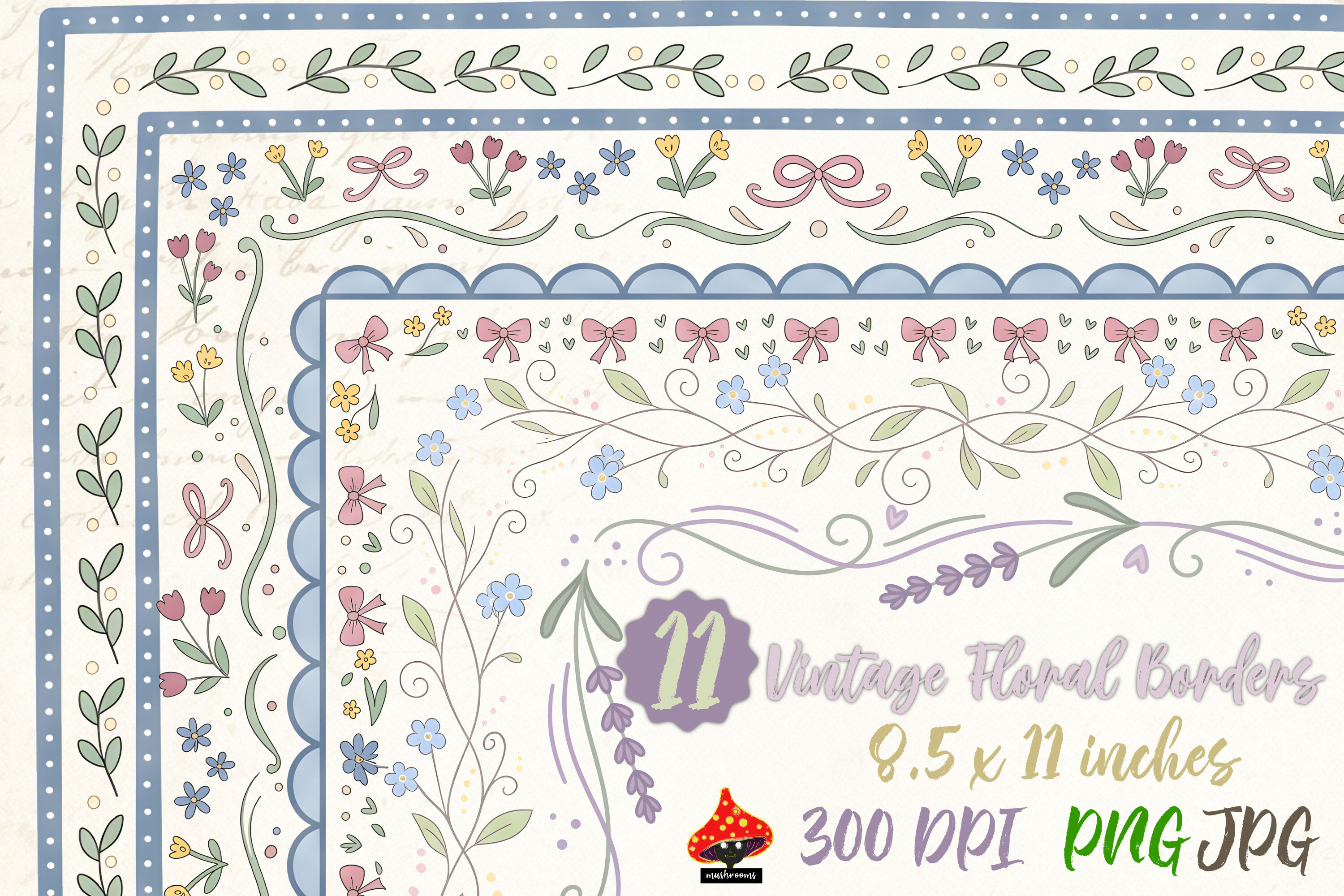 Vintage Floral Borders 11 PNG Bundle