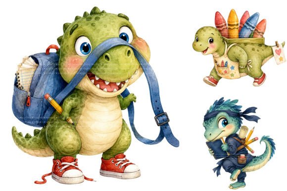 Watercolor Dinosaur Back to School PNG