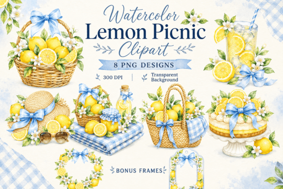 Watercolor Lemon Picnic Clipart