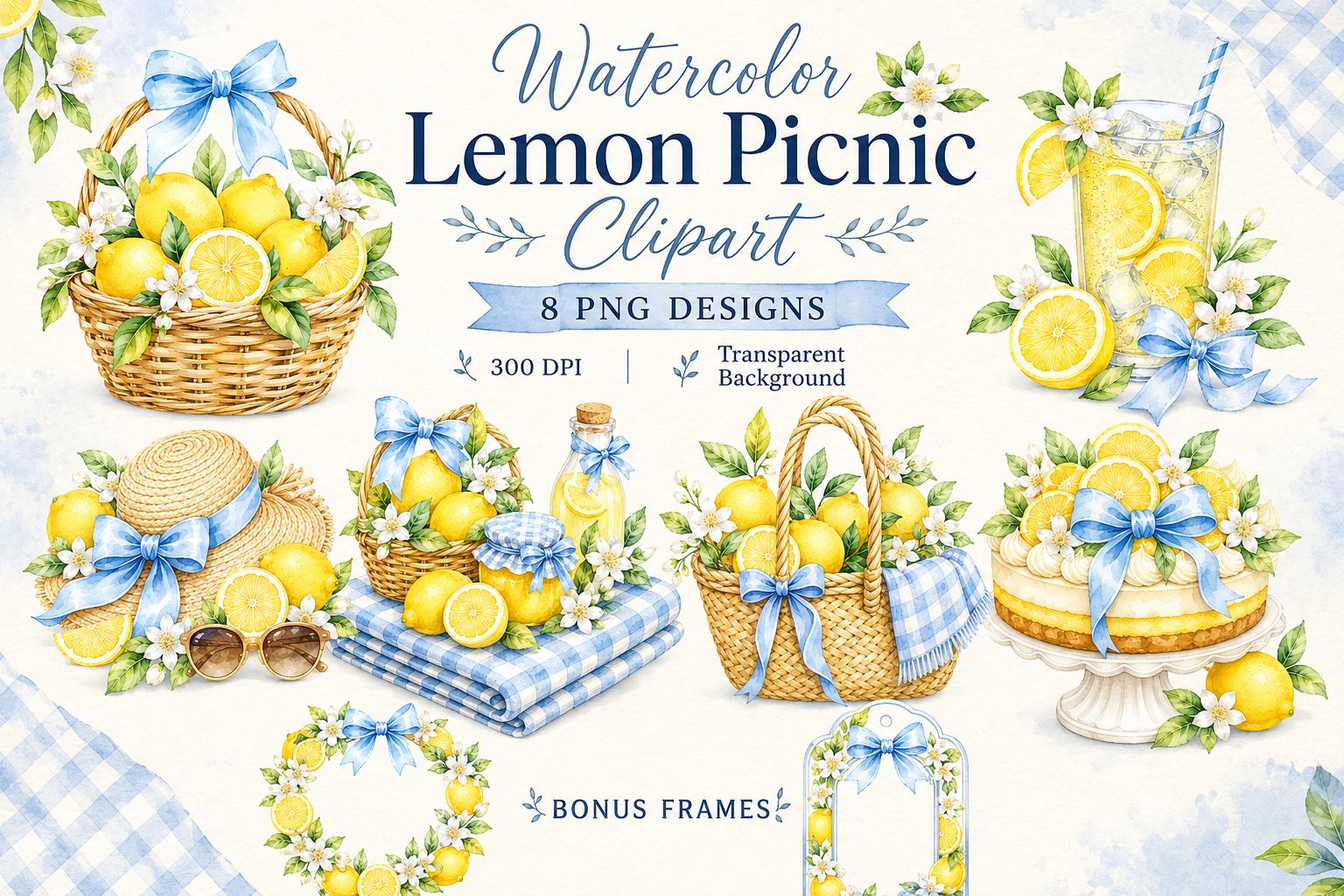 Watercolor Lemon Picnic Clipart