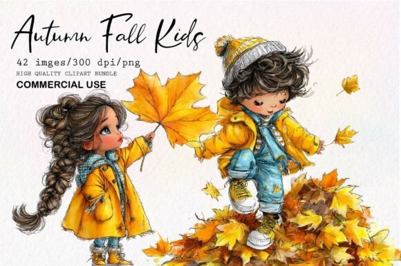 Whimsical Autumn Fall Kids Clipart Set