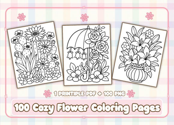 Preview of 100 Cozy Flower Coloring Pages for Adult adult coloring pages