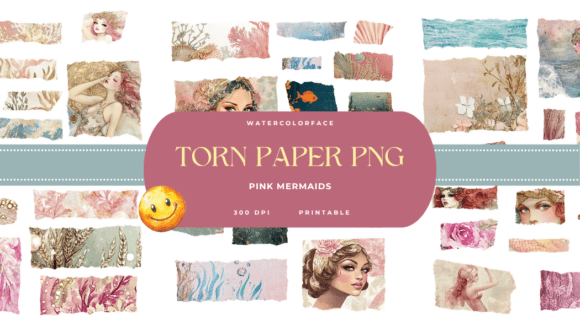 1920's Pink Mermaids Torn Paper Ephemera