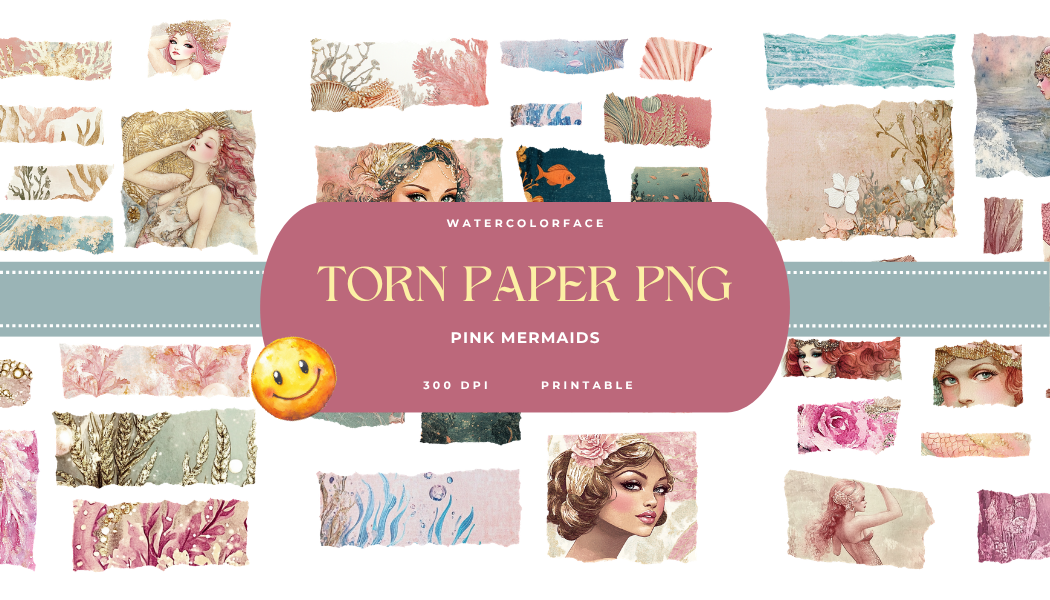 1920's Pink Mermaids Torn Paper Ephemera