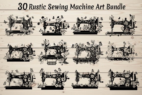 30 Rustic Sewing Machine Art Bundle
