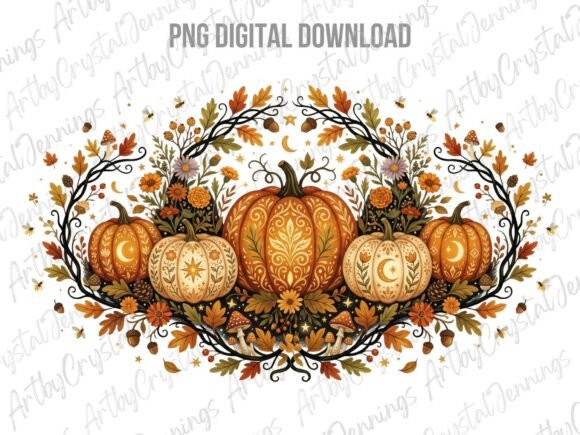 Autumn Pumpkin Floral Folk Art PNG