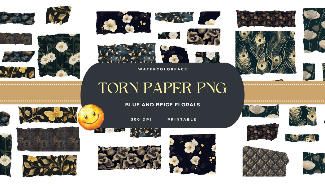 Blue and Beige Florals Torn Paper