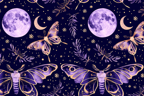 Celestial Moth Moon Seamless Pattern