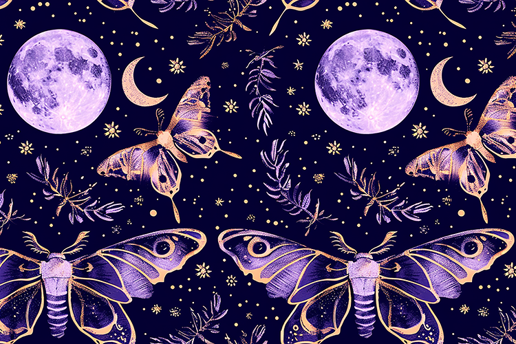 Celestial Moth Moon Seamless Pattern