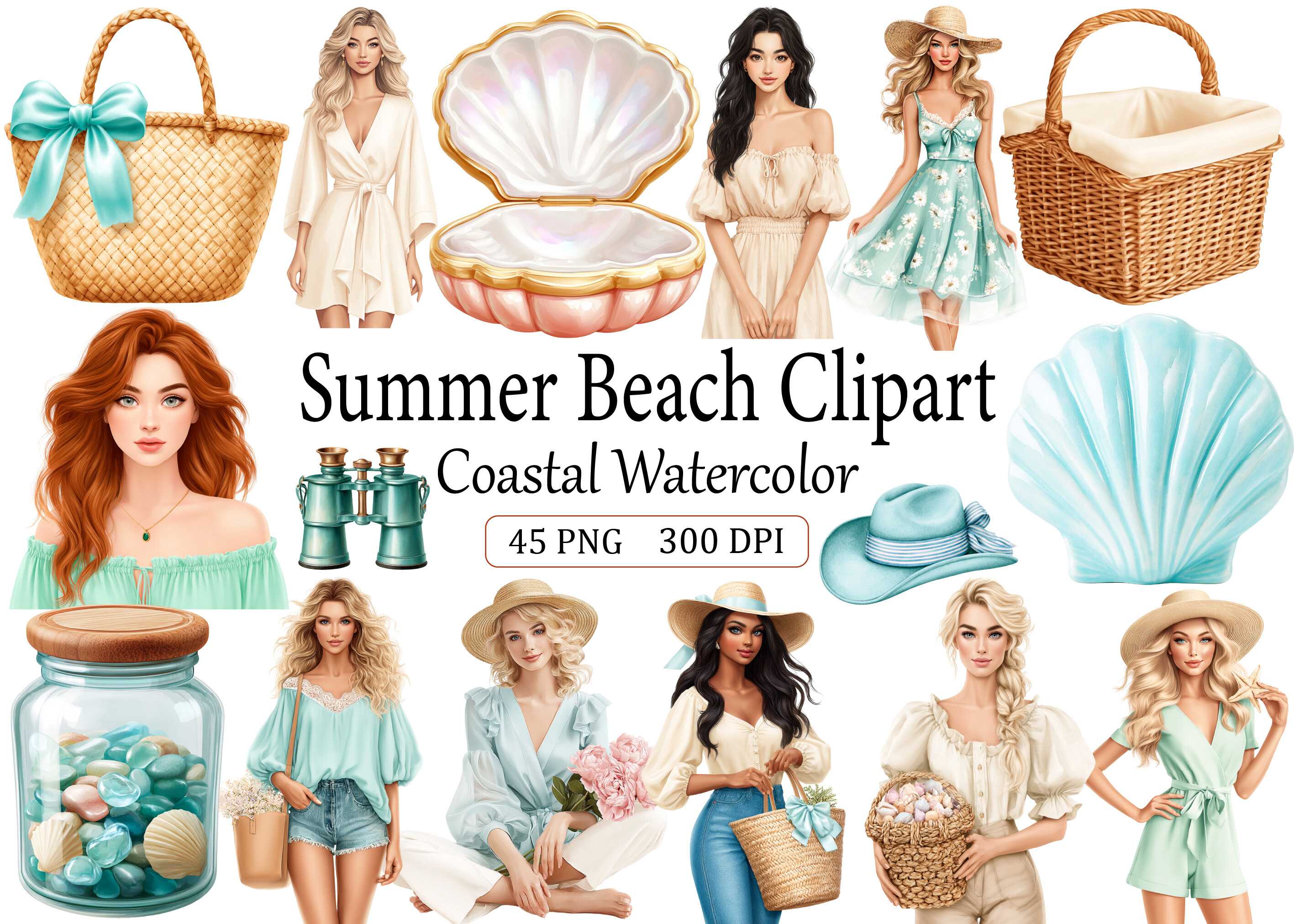 Coastal Watercolor Summer Beach Clipart Graphic by Creative Design ...