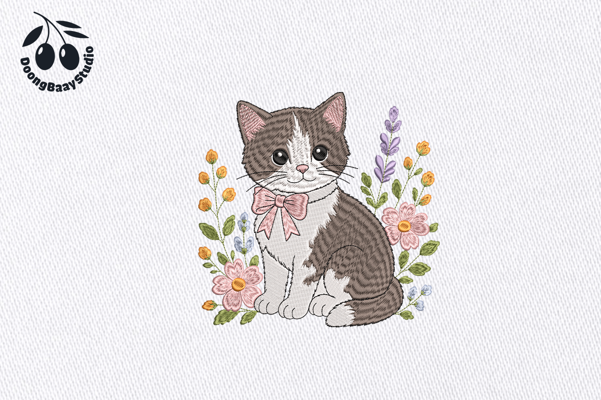 Cute Floral Cat Embroidery Design