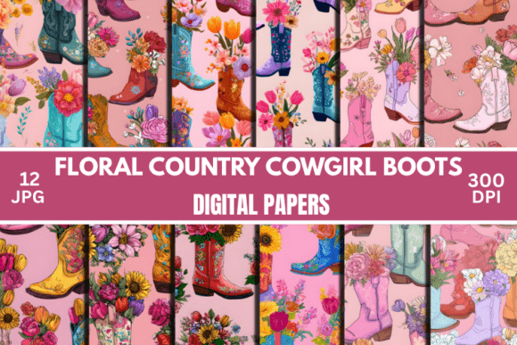 Floral Cowgirl Boots Digital Paper