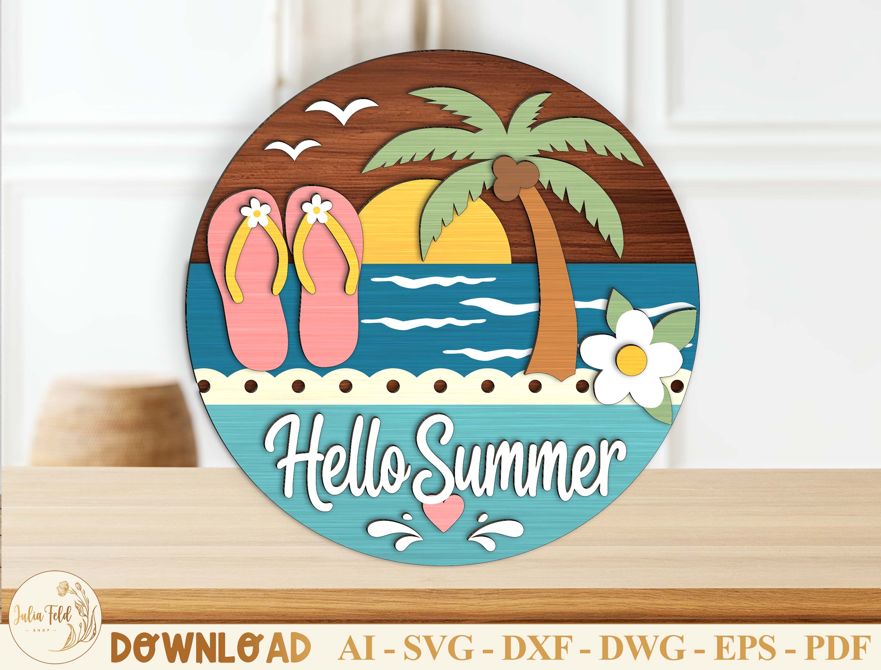 Hello Summer Door Hanger Laser Cut SVG · Creative Fabrica