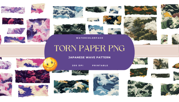 Japanese Wave Pattern Torn Paper PNG