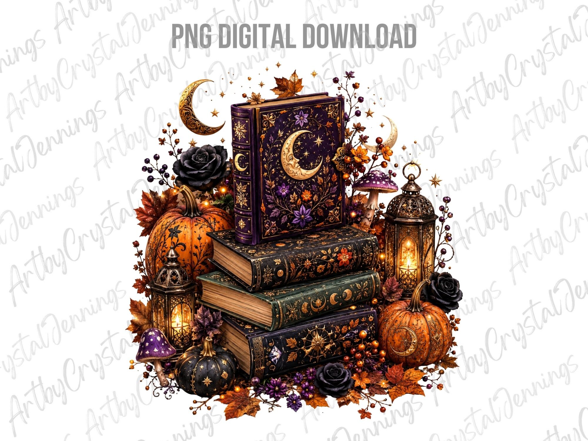 Magical Celestial Autumn Book Stack PNG