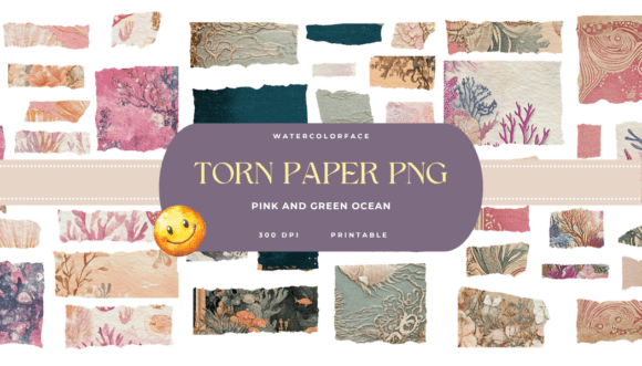 Pink and Green Ocean Torn Paper PNG