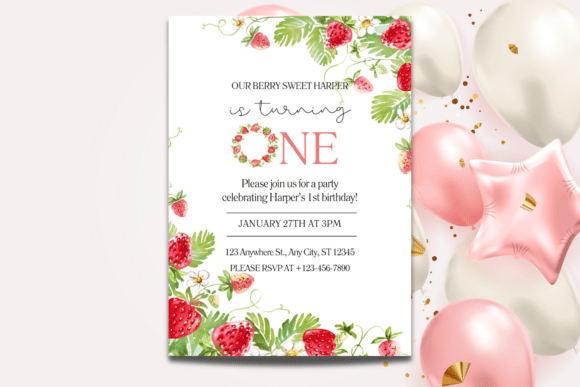 Strawberry 1st Birthday Invite