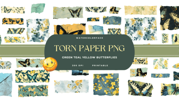 Teal Green Yellow Butterfly Torn Paper