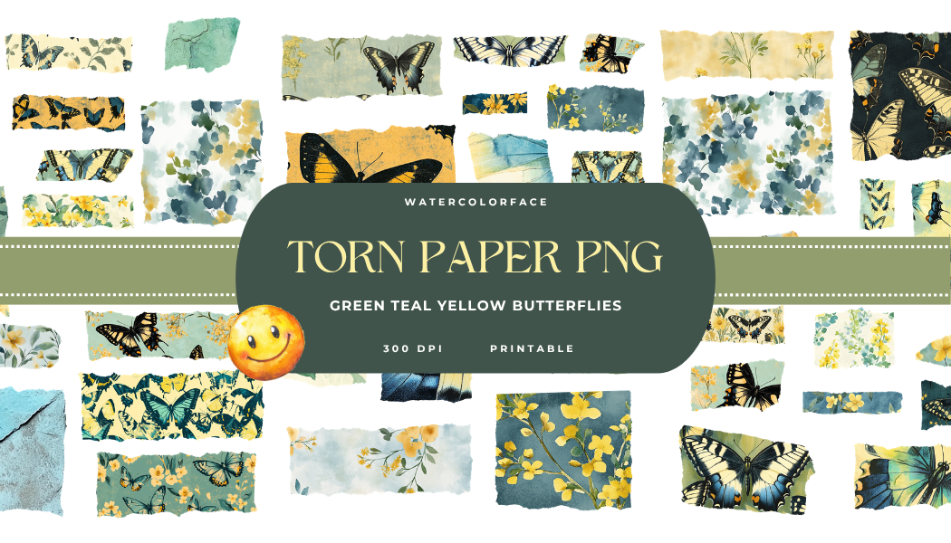 Teal Green Yellow Butterfly Torn Paper