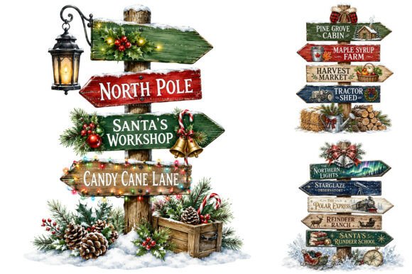 Watercolor Christmas Signpost PNG Bundle