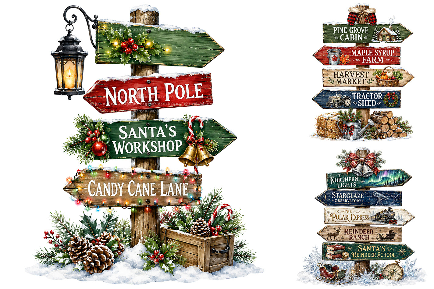Watercolor Christmas Signpost PNG Bundle