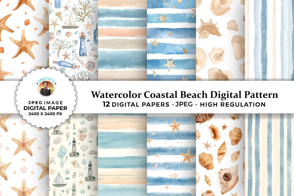 Watercolor Coastal Beach Digital Pattern Graphic by sagorarts ...