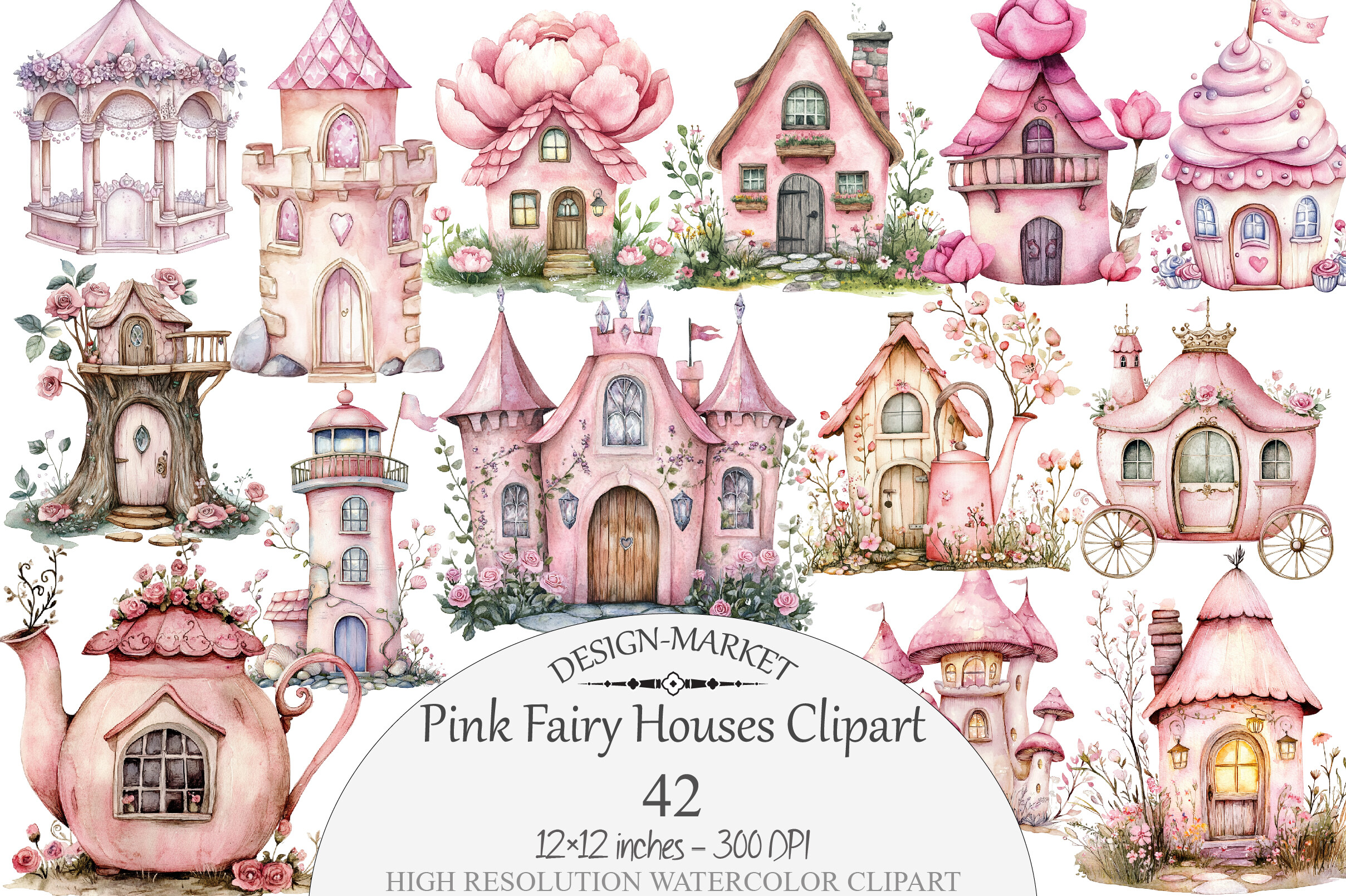 Watercolor Pink Fairy Houses Clipart Graphic by Design Market ...