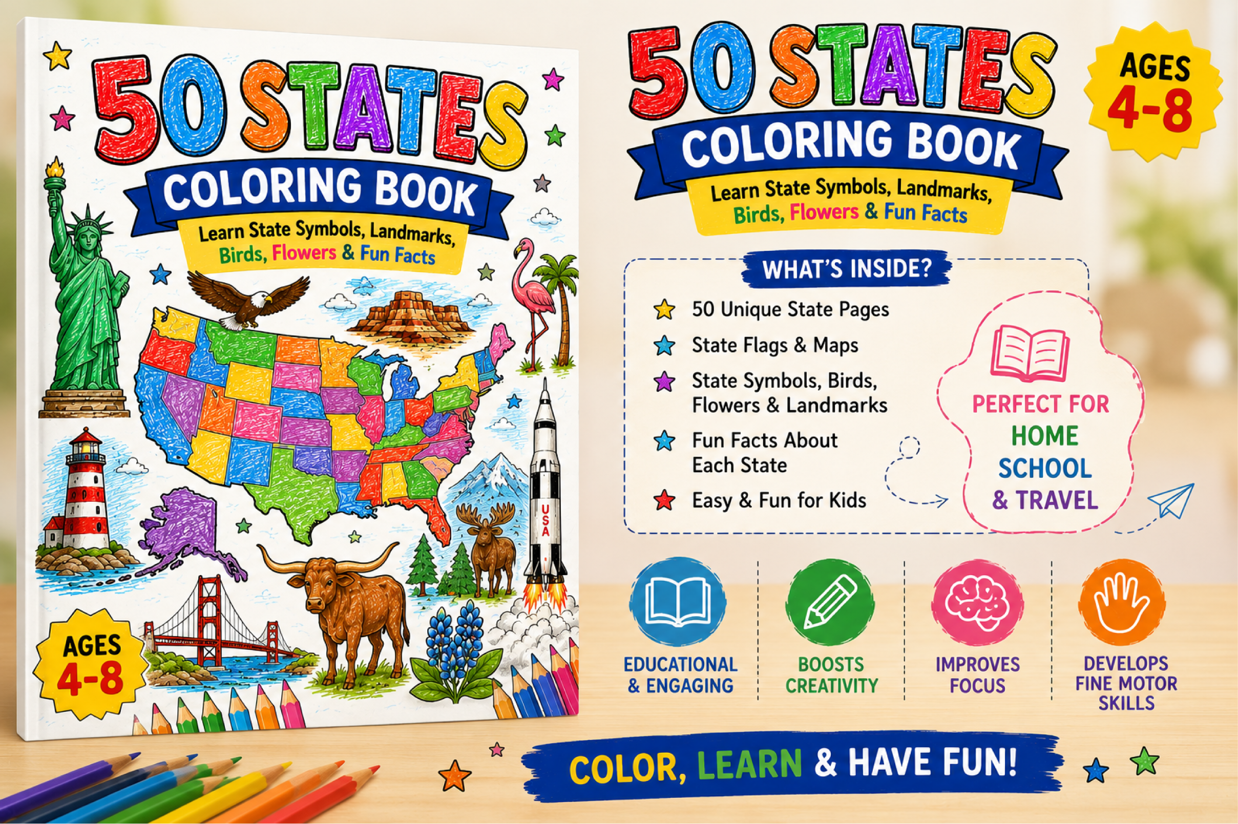 50 USA States Coloring Book for Kids