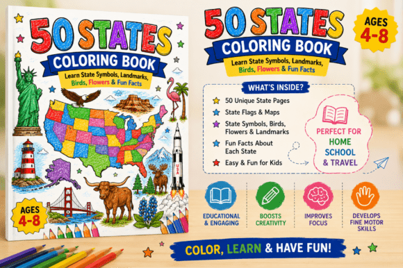 Preview of 50 USA States Coloring Book for Kids coloring pages for kids